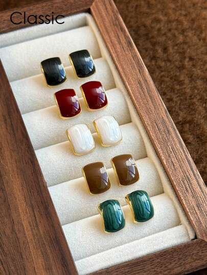 5 Pairs Minimalist Colorful Geometric Square Vintage Elegant Chic Luxury Geometric Earrings Set For Women