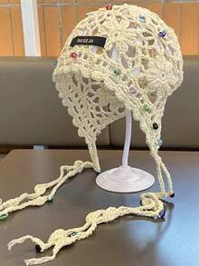 1 Stück gehäkelte, perlenbesetzte, vintage Quasten-Luftloch-Mütze