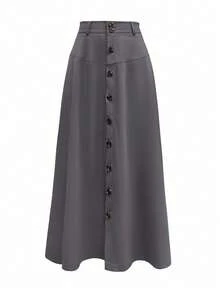 Chân váy chữ A dài vừa phải, lưng cao, màu trơn thanh lịch dành cho nữ, có túi và khuy xẻ phía trước, thời trang và tiện dụng, phù hợp cho mùa xuân, hè, thu, đông - Màu xám đen - Xem 2