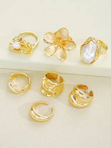 7pcs/6pcs Set Vintage Casual Exquisite Bohemian Style Asymmetrical Faux Pearl Ruffle Floral Line Design Women Metal Ring Set, Suitable For Women's Daily, Vacation, Party, Date Wear, Stackable, Versatile For All Seasons, Holiday Gift