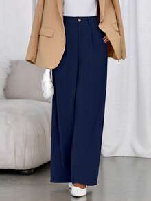 Pantalones de vestir de pierna ancha para mujer, estilo informal, holgados, estilo palazzo, de cintura alta - Azul Marino - Ver 5