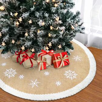 48/60/72 Inch Christmas Tree Skirt, Burlap Tree Skirt With White Sequin Snowflake Pattern Fur Sides, Farmhouse Christmas Tree Skirts For Xmas Decoration New Year Party Supply