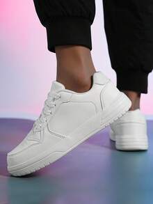 Men's ​ White Chunky Sole Leather Sneakers - Breathable Low-Top With Raw Hem Denim For Everyday Street Comfort, Year-Round Shoes For Man - 白色 - 查看 1
