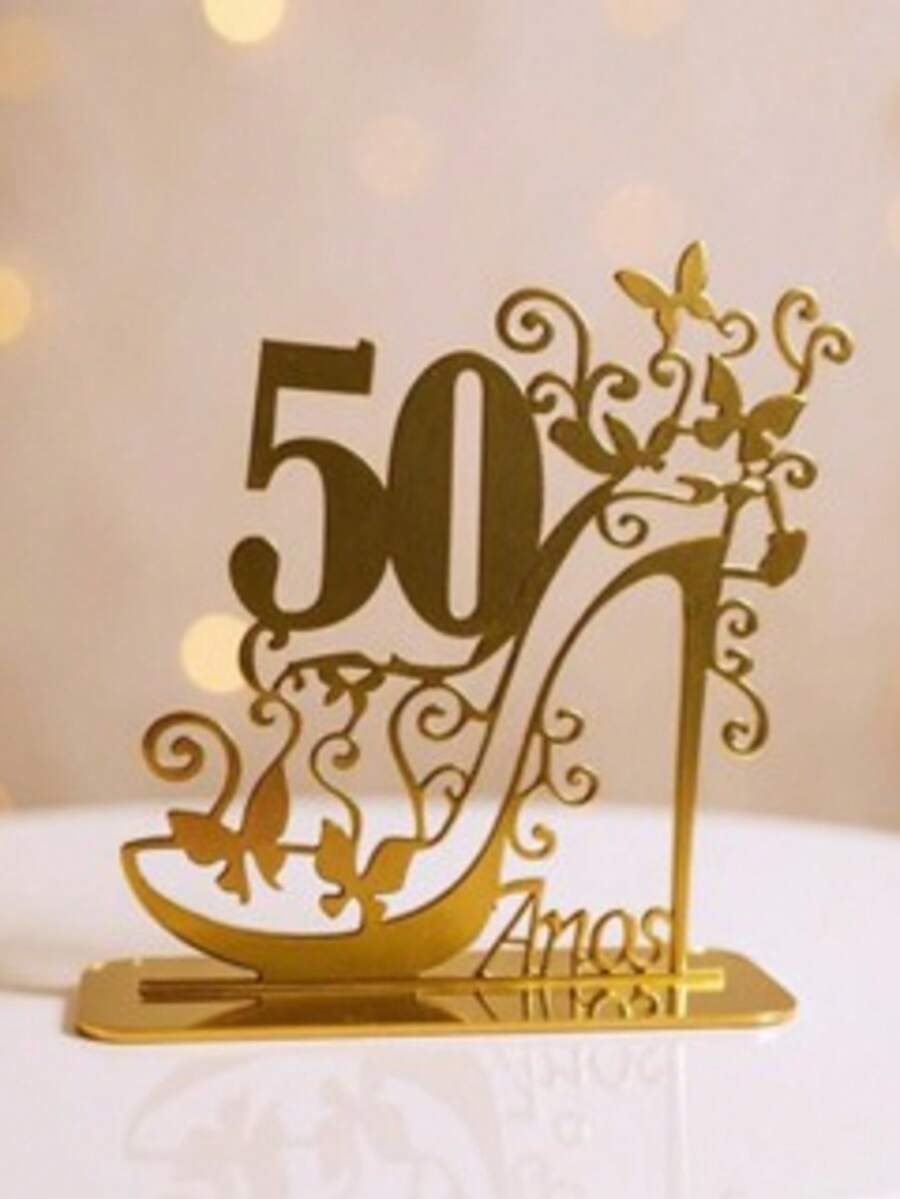 Luxury Acrylic Cake Topper 15 Years 50 Years Anniversary Party Wedding Golden Wedding Happy Birthday - Gold And Silver - 鏡面金 - 查看 1