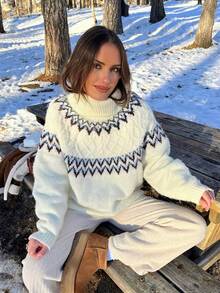 Gemma 女士秋冬费尔岛图案宽松保暖高领毛衣，柔软针织面料，宽松版型，适合雪地漫步、度假和新年穿着。 - 彩色 - 查看 3