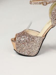 Un par de sandalias de mujer de moda con tacones altos de 14 cm, plataforma impermeable de 5 cm, tela brillante, decoración con lazo, adecuado para discoteca, fiesta, boda, boda elegante al estilo occidental, con detalles de metal y brillo, tacón súper alto, plataforma impermeable, adecuado para fiesta, vacaciones, oficina, boda, primavera y otoño