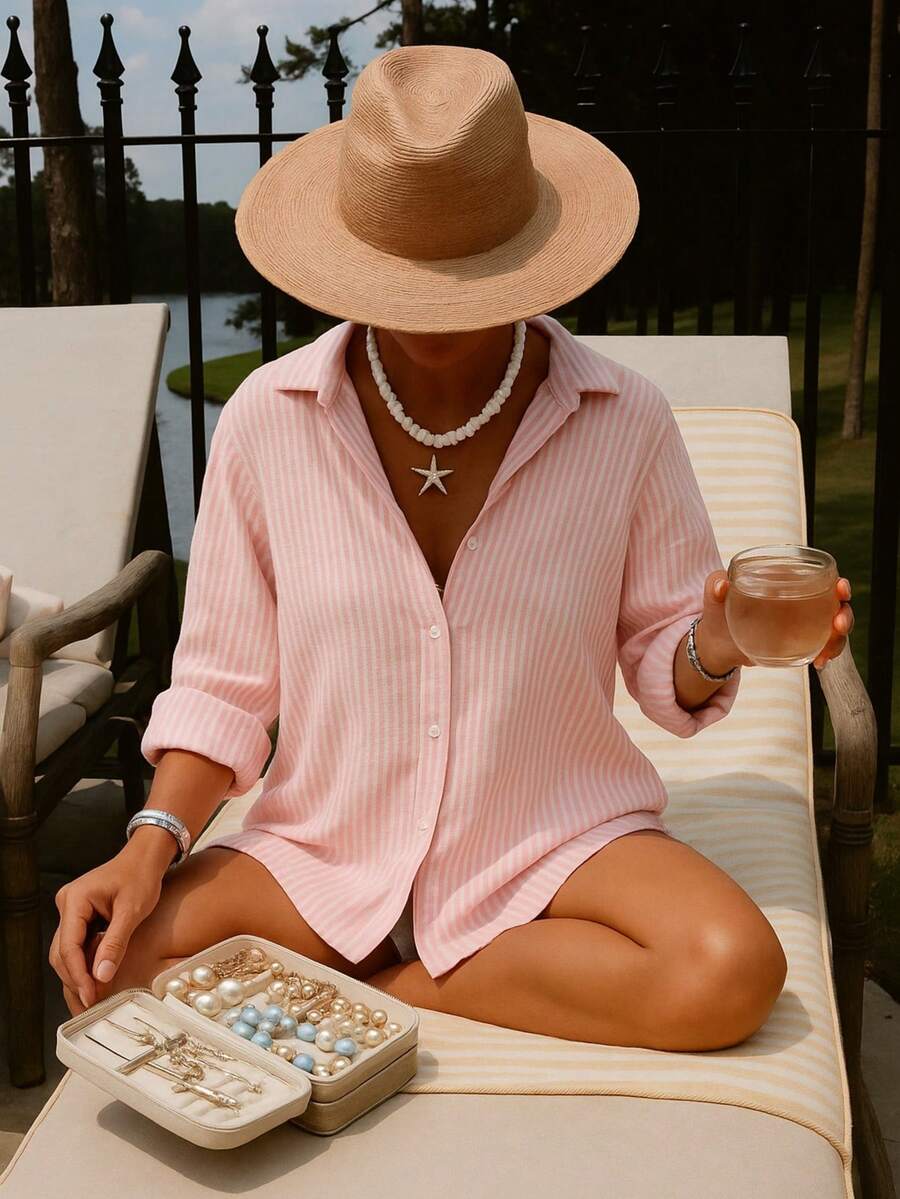 Beachwear Shirt Linen Summer Beach Striped Casual Holiday Linen Beach Holiday Summer - Màu Hồng baby - Xem 1