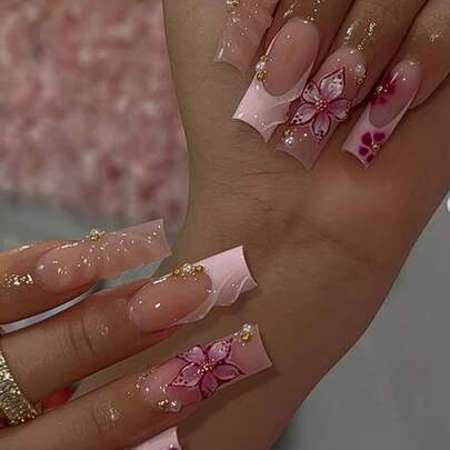 24pcs/Set Y2K French Medium Length Nail Tips, Sweet 3D Pink Flower & Wavy Design With Golden Beads Accent, Press-On Artificial Nails, Suitable For Girls & Women For Daily, Outdoor, Party Occasions Nail Supplies