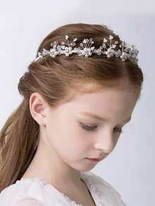 1 pieza Tocado de niña de las flores, Tocado de boda plateado, Tocado de princesa con cristales y perlas, Adecuado para boda, cumpleaños, primera comunión, fotografía - Blanco - Ver 5