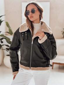 Women's Faux Leather Jacket With Soft Faux Fur, Zipper, Insulation, Buckles And Adjustment, Stylish Jacket For Cold Weather, Comfortable And Timeless, Perfect For Everyday And Elegant Looks - Black - View 1