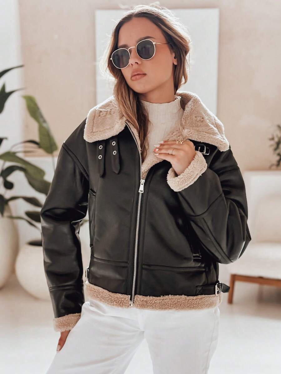 Women's Faux Leather Jacket With Soft Faux Fur, Zipper, Insulation, Buckles And Adjustment, Stylish Jacket For Cold Weather, Comfortable And Timeless, Perfect For Everyday And Elegant Looks - Black - View 1