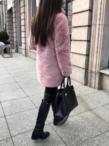 UREREM European And American Style Long Sleeve Faux Fur Collar Solid Color Warm Fur Coat, Commuting Elegant, High-End, Versatile, Luxurious - Pink - View 3