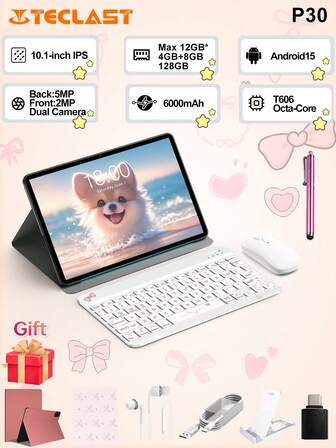  Teclast P30 10.1 Inch Tablet (Android 15,T606 8-Core,12GB(4GB+8GB Expansion) RAM,128GB ROM,1280*800 HD IPS Display, Dual WiFi (2.4G + 5G),6000mAh Larger Battery,Type-C Interface,2MP Front 5MP Back Camera )2in 1 Tablet PC,Pink Tablet Case ,With White Keyboard &Wireless Mouse,Mouse Pad Accessories Bundle