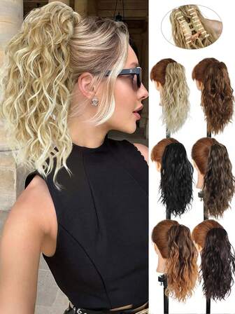 Curly Hair Ponytail Extension 14 Inch Claw Drawstring Ponytail Fake Hair Pieces Medium Brown Mix Bleach Blonde High Pony Tails Hair Extensions Synthetic Friendly Fiber For Women
