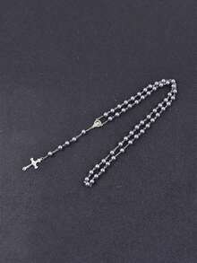 1pc Minimalist Fashion Faux Pearl Cross Rosary Long Handmade Necklace, Unisex Tassel Sweater Chain - Grey - View 2