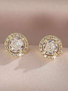1 Pair Round Cubic Zirconia Decor Stud Earrings For Women Wedding Dresses Dating Gift - Vàng - Xem 8