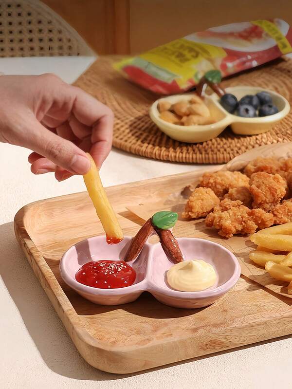 1pc Ceramic Dipping Sauce Dish, Elegant Compartment Sauce Plate, Appetizer Tray, Condiment Dish For Fried Snacks
