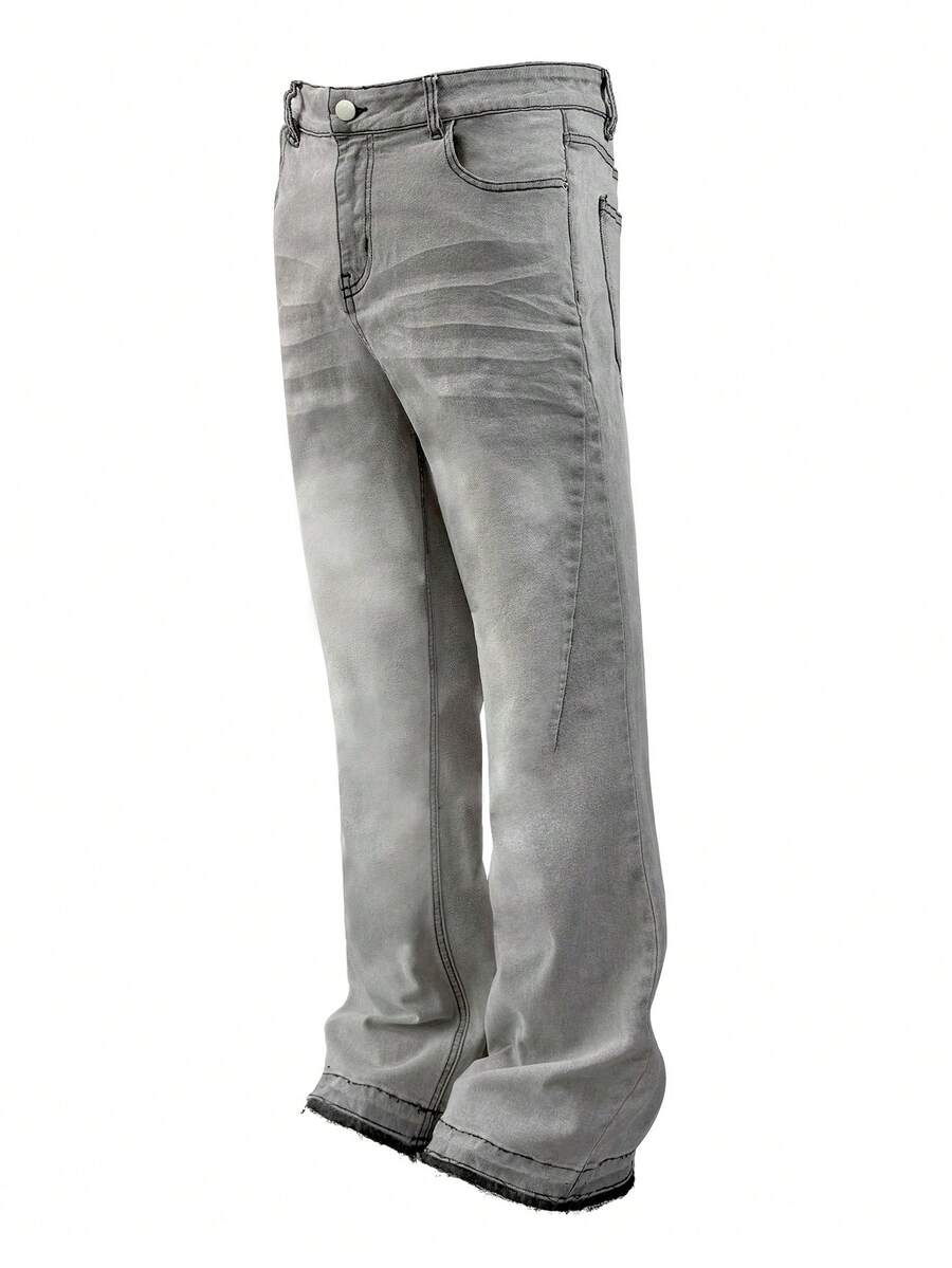 Lightweight Business Casual Washed Distressed Hem & Cuff Men's Jeans, Versatile Slim Straight Leg Casual Pants, Button Zipper Closure, Suitable For All Seasons - Grey - View 1