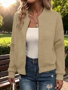 Women's Casual Everyday Zip-Up Jacket - Lightweight Polyester, Textured Fabric, Machine Washable, Perfect For Spring And Fall. Fashion Style - 杏色 - 查看 3