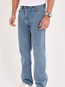 Men's Solid Color Pocket Casual Straight-Leg Jeans - Blue - View 7