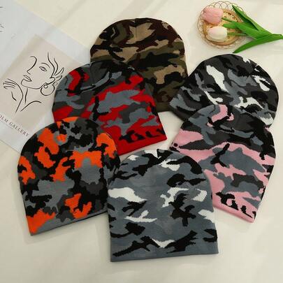 Gorro de punto con estampado de camuflaje estilo Y2K unisex, boina casual cálida de primavera para atuendos de otoño