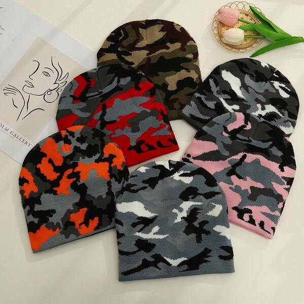 Gorro de punto con estampado de camuflaje jacquard estilo Y2K unisex, cálido y casual para ropa de invierno de hombres en primavera