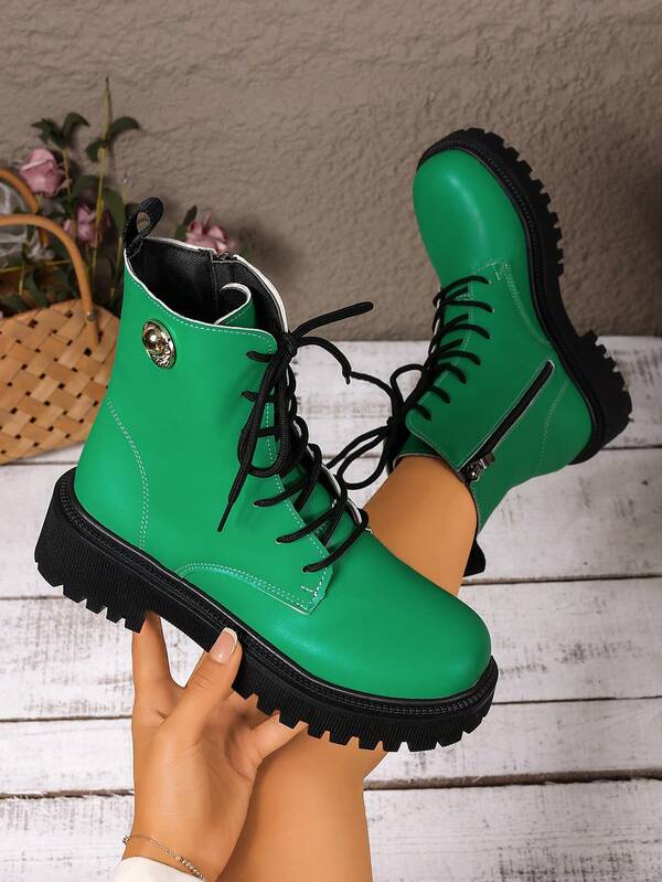 Fall/Winter Round Toe Lace-Up Fashion Patchwork Boots, Thick Sole Vacation Style Women's Ankle Boots, Retro Buckle Decor Boots