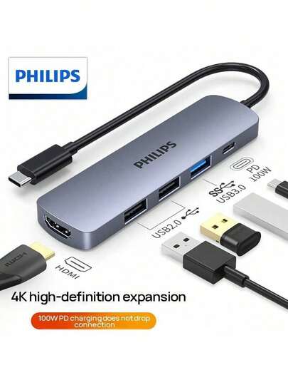 PHILIPS SWR1607C/93 Portable Docking Station With 4K HD Screen Projection, PD Fast Charging, Card Reader, Multi-Device Compatibility, And A Perfect Fit For Home Office And Meetings