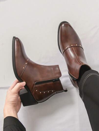 Men's Chunky Heel Boots, Punk Style With Rivet Decor, Chelsea Boots, Fashion Motorcycle Boots, Men's Wedding Shoes