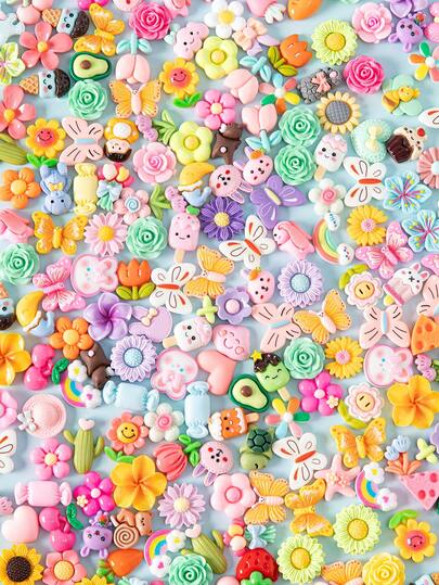 Set de 20/50/100 piezas de adornos surtidos de flores, mariposas, sombreros dulces, lazos, etc. para decorar slime, accesorios kawaii para slime, encantos de resina planos con margaritas y lazos a granel para manualidades, decoración de uñas, scrapbooking y DIY