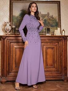 女士纯色葡萄紫伞裙摆修身长裙，立领，缀以精美串珠，尽显精致优雅，适合春季婚礼和派对穿着。 - 紫色 - 查看 5