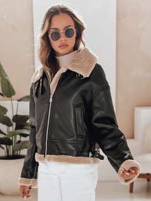 Women's Faux Leather Jacket With Soft Faux Fur, Zipper, Insulation, Buckles And Adjustment, Stylish Jacket For Cold Weather, Comfortable And Timeless, Perfect For Everyday And Elegant Looks - Black - View 4