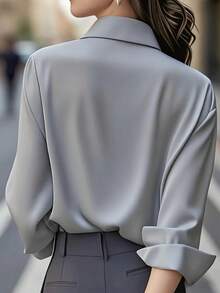 女士优雅百搭通勤风格纯色长袖衬衫 - 经典尖领单扣开合，休闲修身款式，时尚上衣，精致休闲装。不透明面料，亲肤柔软材质。四季专业办公上衣，腰部褶皱设计，办公装 - 灰色 - 查看 8