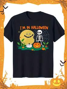 Men's Halloween Skeleton & Moon Graphic T-Shirt - 'I'm In Halloween' Black Cotton Tee With Festive Pumpkin, Bats & Spider Web Design, Casual Round Neck, Machine Washable,Nightmare Before Christmas,Christmas,Halloween Costumes,Funny T Shirts,Summer Outfits,Thanksgiving Day,Men Graphic Tees,Streetwear Men - Black - View 1