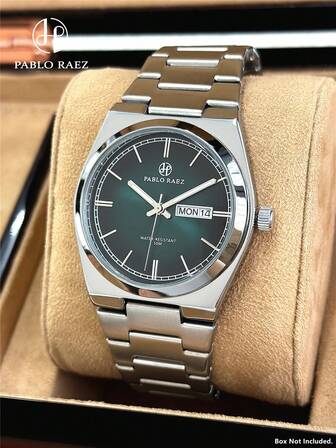 Pablo Raez 1pc Men's Business Watch Stainless Steel Summer Accessories Jewelry Vintage Original Charming Hours Top Brand New Luxury Praia Wristwatches 50m Water Resistant Simple Calendar Clock Men's Solid Heavy Stainless Steel Bracelets Chain Metal Chain High Quality Casual Fashionable Quartz Watch