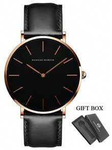 HANNAH MARTIN 1 件休闲男士手表，黑色和棕色 PU 皮革手表，简约男士石英表，搭配黑色精美盒子，理想的礼物选择 - 均碼 - 查看 14