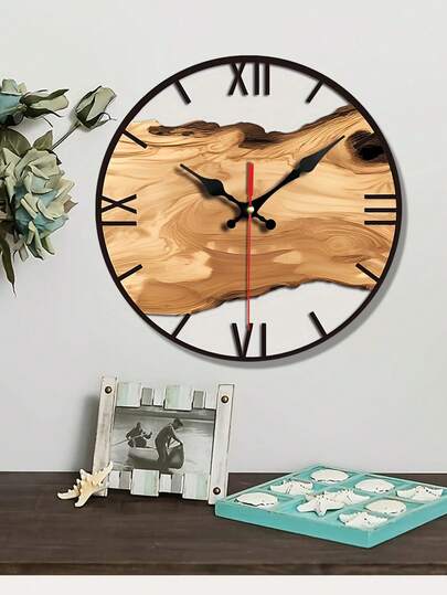 优雅的钟表，别致的木纹罗马数字挂钟 - 静音石英机芯，非常适合客厅、卧室、厨房和办公室装饰 - 电池供电（不含 AA 电池）