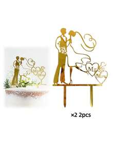 1个/2个/5个装情人节蛋糕装饰插牌，婚礼蛋糕装饰，周年纪念蛋糕装饰，订婚蛋糕装饰，“Mr & Mis”英文字母蛋糕装饰，烘焙装饰，厨房烘焙用品，蛋糕用品，甜品桌装饰 - 金色 - 查看 9