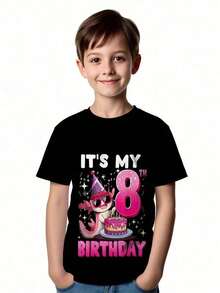 8th Birthday Boys & Girls T-Shirt - Cute Axolotl (Mexican Salamander) Party Outfit With Number 8 & Balloons Print - Soft Round Neck Casual Birthday Party Shirt For 8 Years Boys & Girls - Machine Washable - Pink & Black Theme With Confetti & Balloons - Ideal For 8th Birthday Celebration - H-Box Fit For Boys & Girls - Fun & Festive Design With Number 8 & Balloons - Mixed Color - View 1