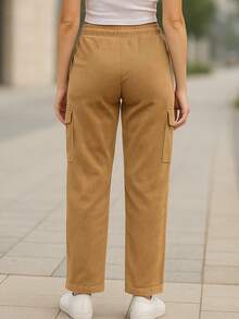 Pantalón Cargo Mujer de Pana con Cintura Elástica y Bolsillos Laterales - Camel - Ver 2