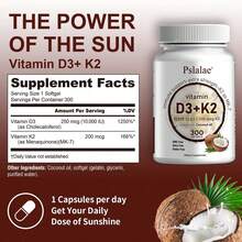 PSLALAE Vitamin D3 & K2 200 Mcg - Regulates Calcium Absorption, Helps Support Bone, Joints And Heart Health, Boosts Energy - 300pcs - 300 viên nang - Xem 2