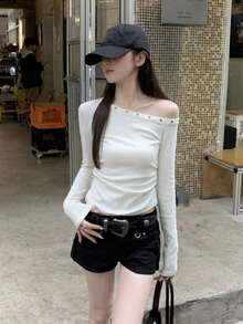 韩版时尚不对称肩部褶饰铆钉设计长袖T恤上衣，春季