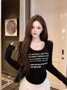 复古辣妹字母印花加厚长袖打底修身上衣，秋冬