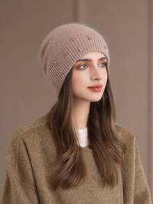 1 件女士保暖双层针织帽，时尚珍珠头带耳罩式毛线帽，冬季妈妈厚针织帽