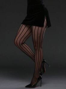 Plus Size Fishnet Tights, High Elasticity Vertical Striped Watermelon Pattern Pantyhose, Body Shaping Mesh Stockings For Women, Alluring Seductive Style For Festive Outfits - màu đen - Xem 1