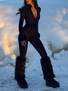 Warm, Fashionable, Casual, Sexy & Charming Solid Color Zipper Women's Jumpsuit, Suitable For Skiing, Dating, Travel, Vacation, Sports, Autumn/Winter - Black - View 2