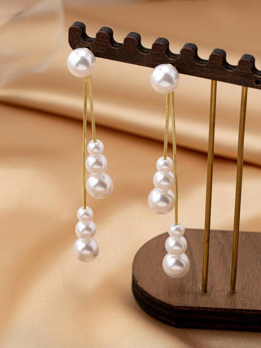 1 对时尚休闲仿珍珠不对称流苏耳环，适合女士 - 彩色 - 查看 1