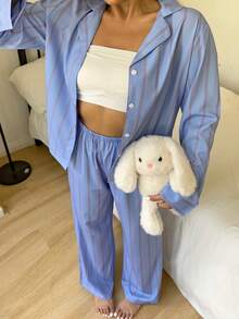 Nina Bonheur 2件套女士宽松舒适透气条纹长袖上衣和裤子家居服套装，舒适保暖，秋冬服装 - 寶藍色 - 查看 4