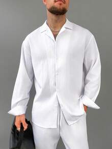 男士两件套度假套装，领衬衫搭配松紧腰长裤，轻盈透气，亚麻质感，白色，适合海滩度假、约会之夜、圣诞礼物、秋季穿着。 - 白色 - 查看 2