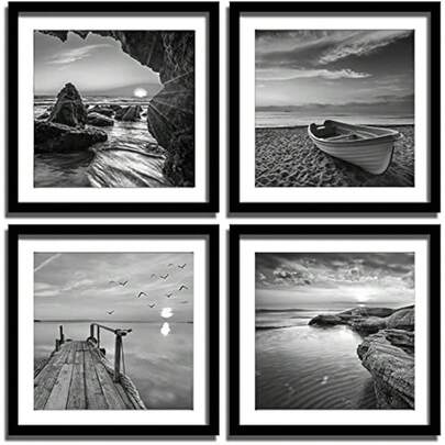 Black And White Wall Art - Sea And Beach In Sunrise Prints Wooden Framed 12x12 Inches Pictures Seascape Artwork 4PCS Boat Scenery Card Paper Paintings Decorations For Bedroom Living Room Kitchen Decor